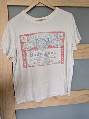 Budweiser White T-Shirt with Red and Blue Label Graphic